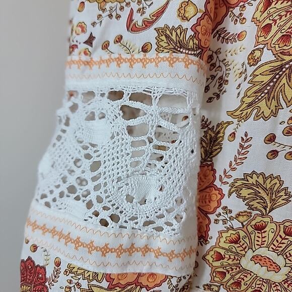 Rachel Zoe Top S Paisley Print Crochet Balloon Sleeve Cropped Linen Peasant - Picture 4 of 15